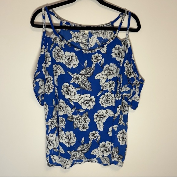 Pink Rose Blue Floral Prints Cold Shoulder Blouse Size XL - Picture 1 of 7